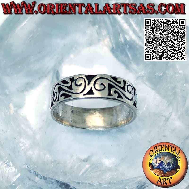 7 mm wide band silver ring. with engraved folk spirals
