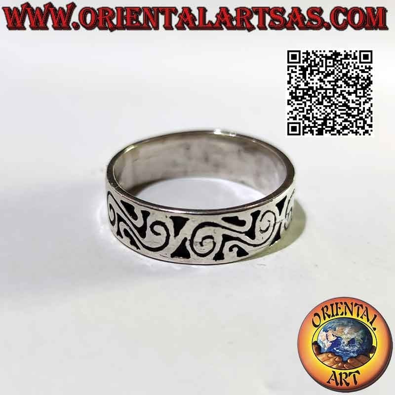 7 mm wide band silver ring. with engraved folk spirals