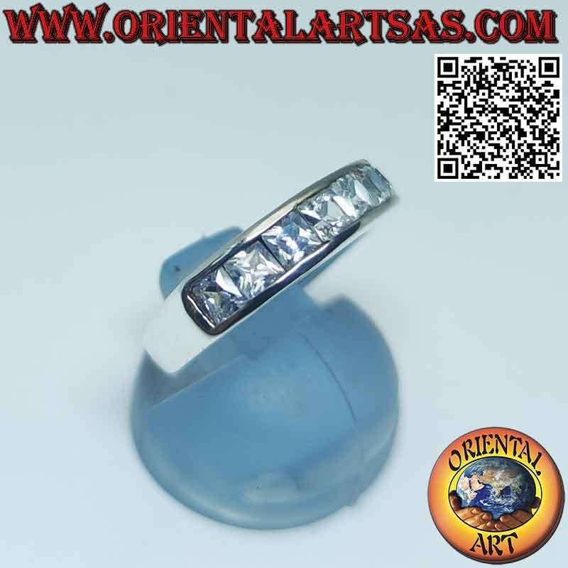Smooth band silver ring with square white zircons