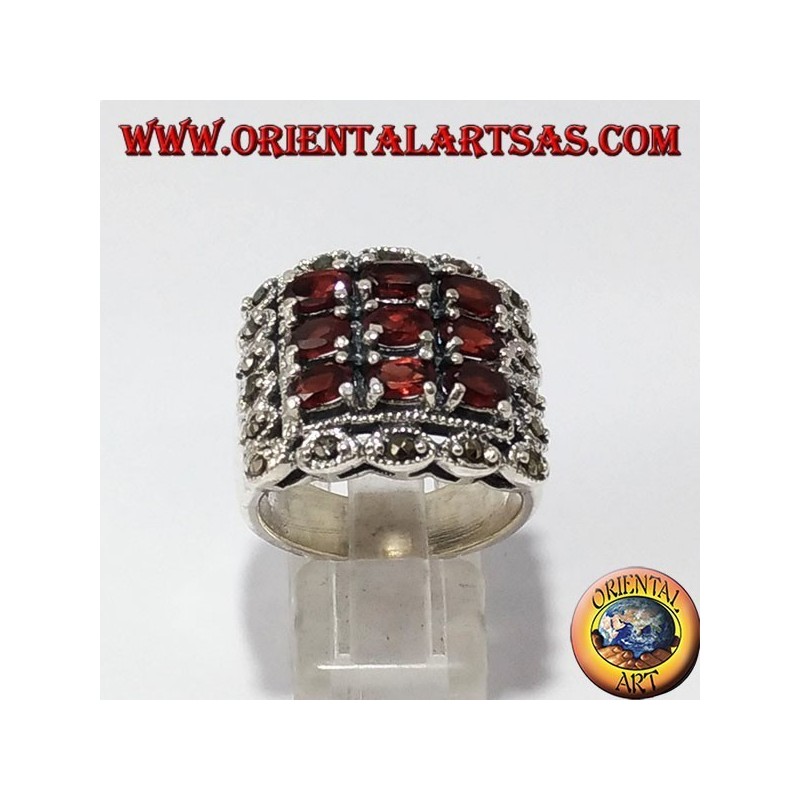 Silber Ring, mit 9 natürlichen Granat oval und Markasit