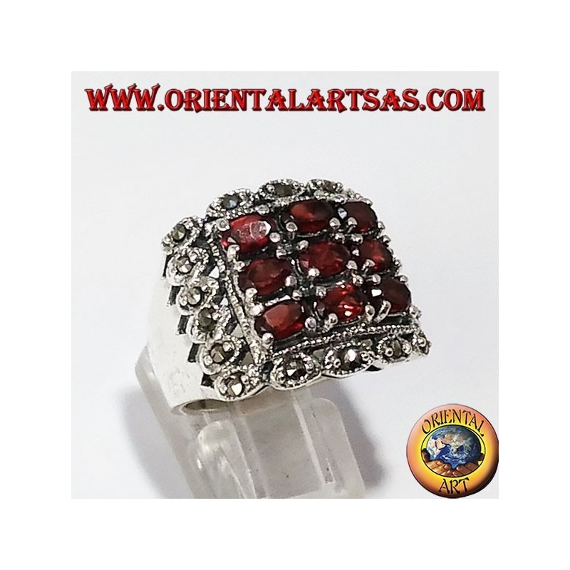 Silber Ring, mit 9 natürlichen Granat oval und Markasit