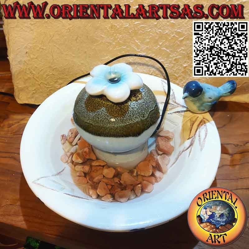 Fuente zen de interior "flor de loto y pollito" en cerámica