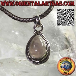 Silver pendant with rose quartz drop cabochon surrounded by intertwining and smooth line