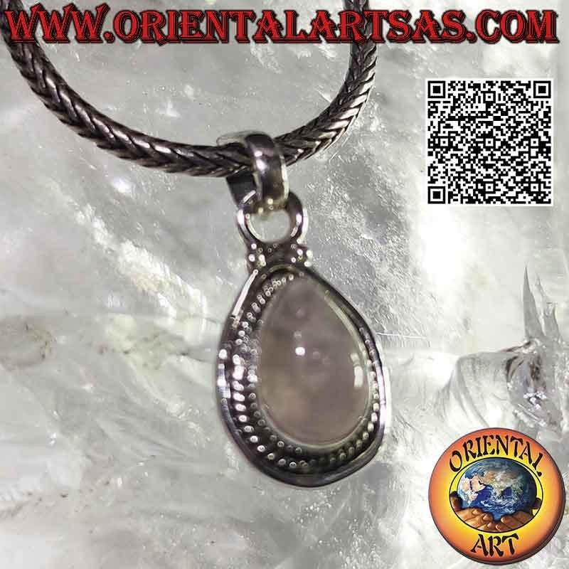 Silberanhänger mit Rosenquarz-Tropfencabochon, umgeben von verschlungenen und glatten Linien