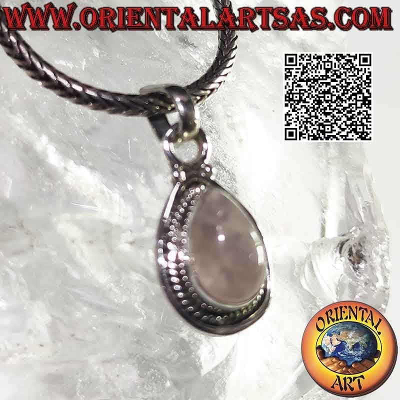 Silberanhänger mit Rosenquarz-Tropfencabochon, umgeben von verschlungenen und glatten Linien