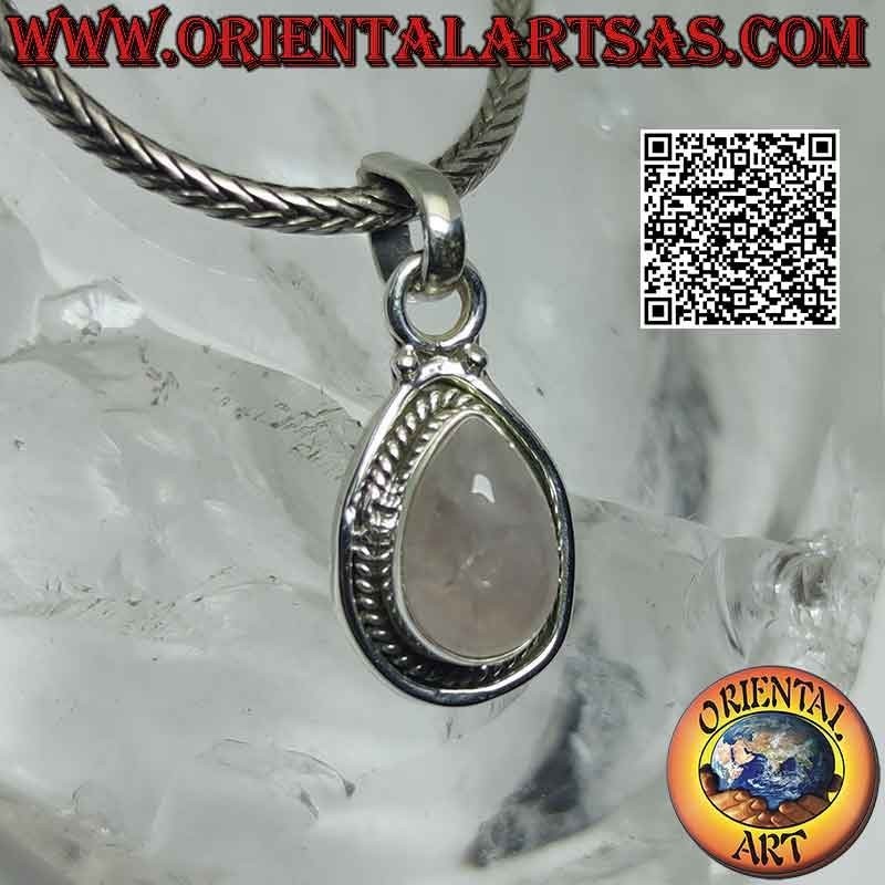 Silver pendant with rose quartz drop cabochon surrounded by intertwining and smooth line