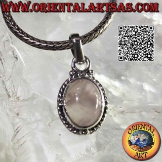 Silver pendant with oval cabochon rose quartz surrounded by intertwining and ball on the cardinal points