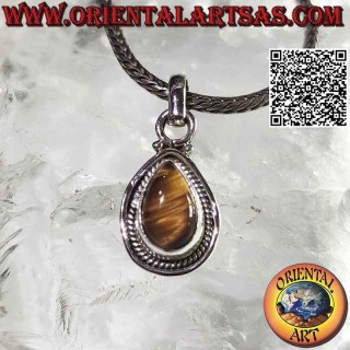 Silver pendant with cabochon drop tiger eye surrounded by intertwining and smooth line