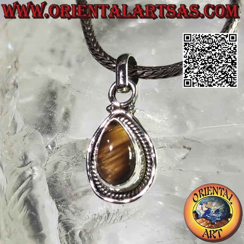 Colgante de plata con cabujón gota ojo de tigre rodeado de entrelazado y línea suave