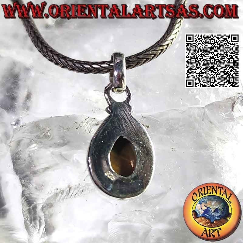 Silberanhänger mit Cabochon-Tropfen-Tigerauge, umgeben von verschlungenen und glatten Linien