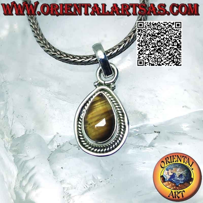 Pendentif en argent avec cabochon goutte oeil de tigre entouré d'entrelacs et ligne lisse