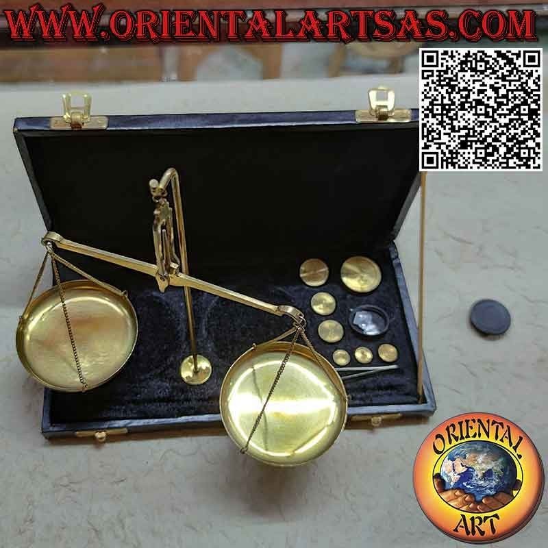 Antique brass scale for jewelry or apothecary with case and weights