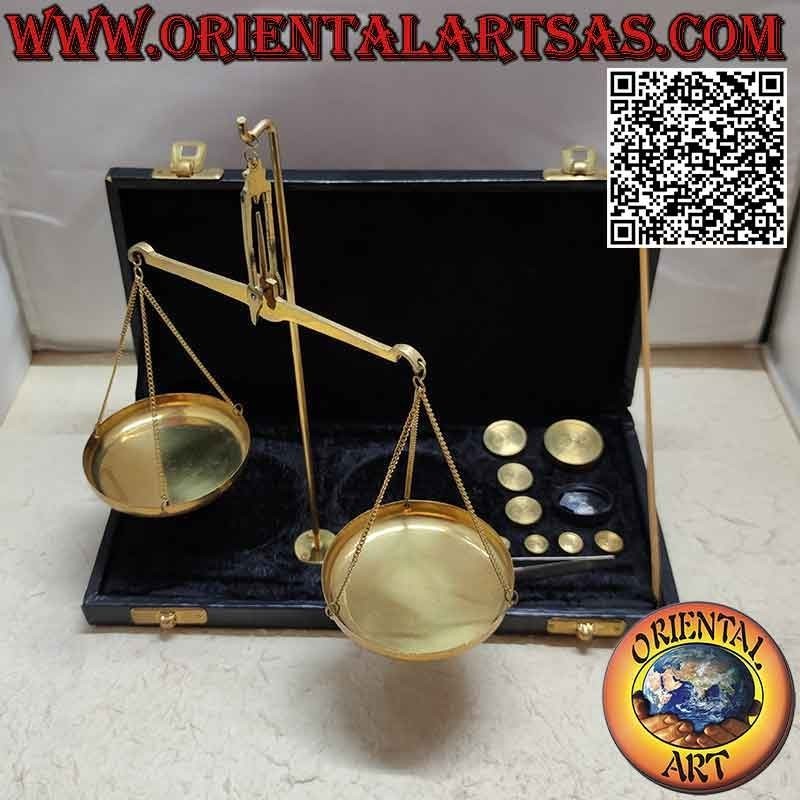 Antique brass scale for jewelry or apothecary with case and weights