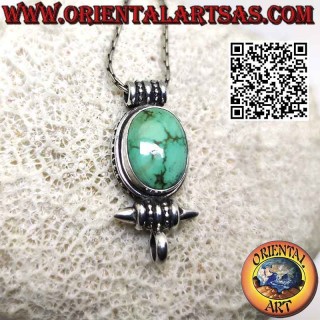 Pendentif en argent Gao Kalachakra avec turquoise tibétaine antique ovale