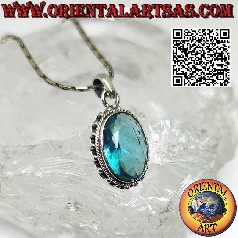 Ciondolo in argento con topazio azzurro ovale contornato da palline