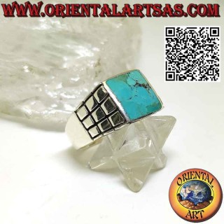 Silver ring with rectangular natural turquoise and squares on the sides
