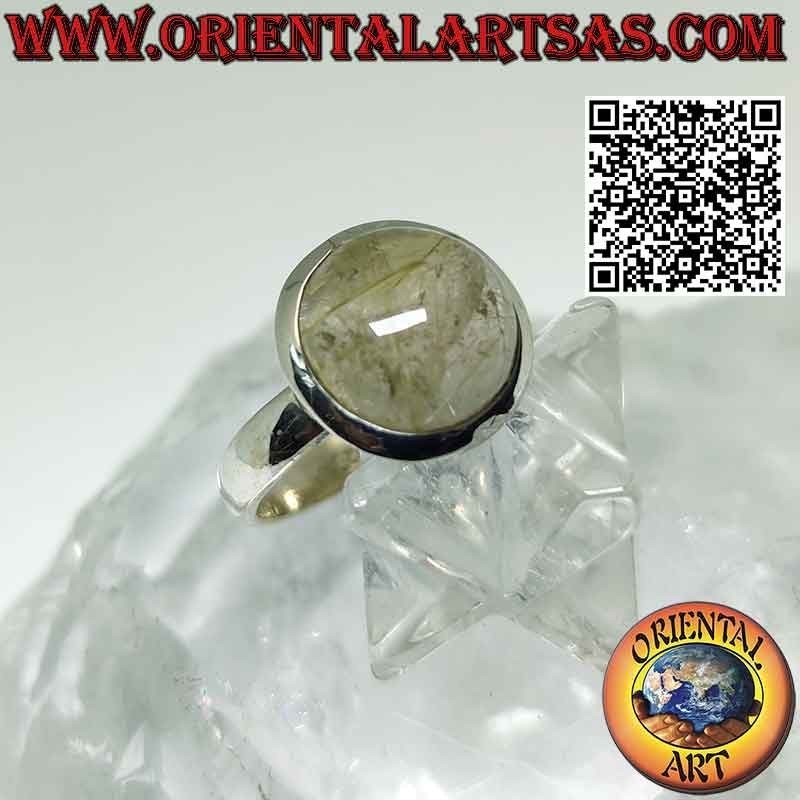 Silver ring with rutilated quartz (golden quartz) round cabochon and smooth edge
