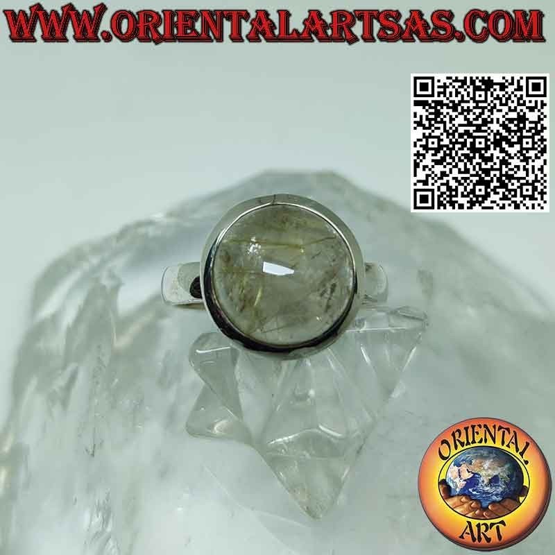 Silver ring with rutilated quartz (golden quartz) round cabochon and smooth edge