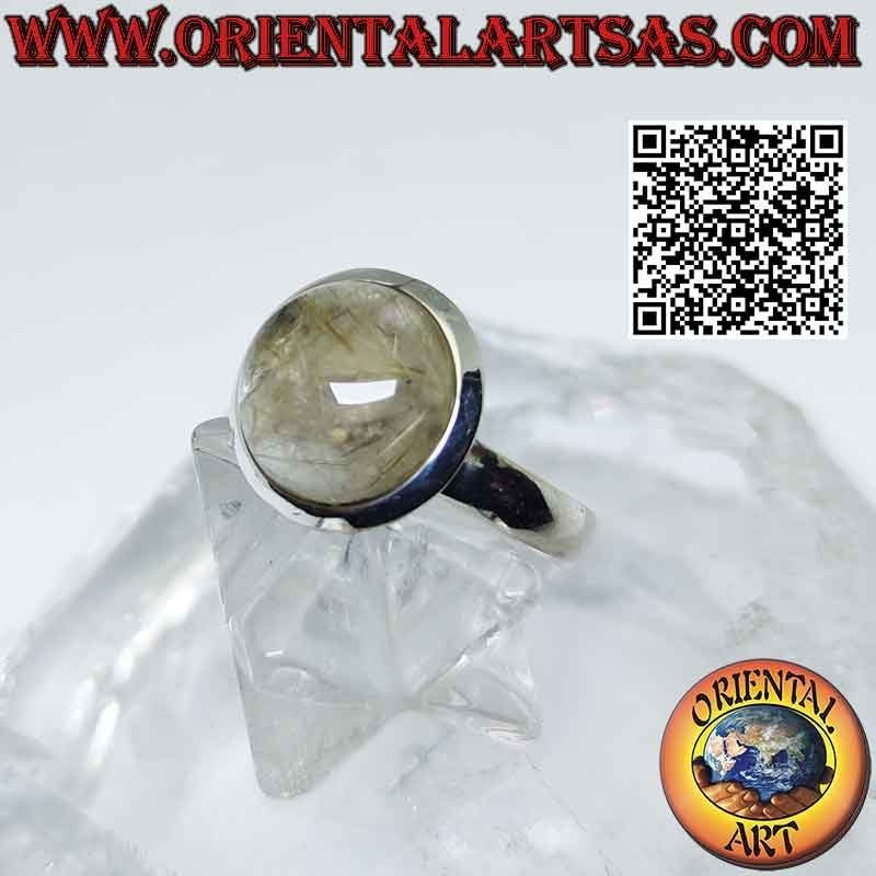Anello in argento con quarzo rutilato (golden quartz) tondo cabochon e bordo liscio