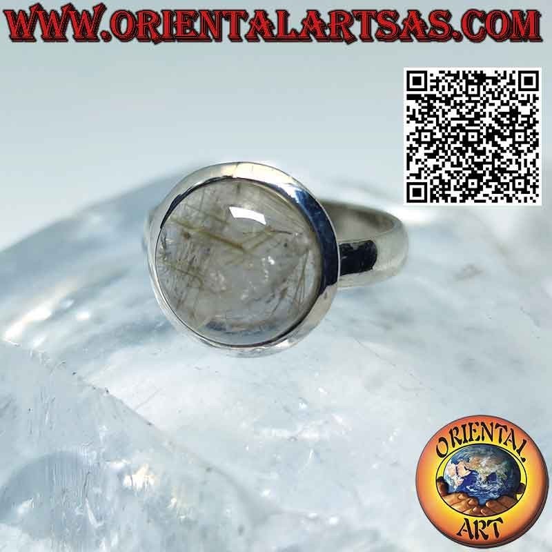 Anello in argento con quarzo rutilato (golden quartz) tondo cabochon e bordo liscio