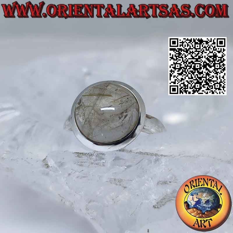 Bague en argent avec cabochon rond en quartz rutile (quartz doré) et bord lisse