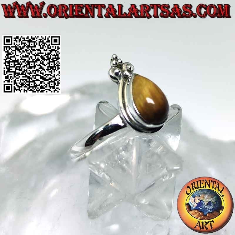 Anello in argento con occhio di tigre a goccia a bordo liscio e giglio a corona