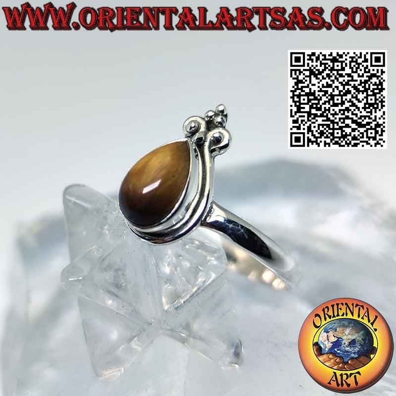Anillo de plata con ojo de tigre en forma de lágrima con borde liso y corona de lirio