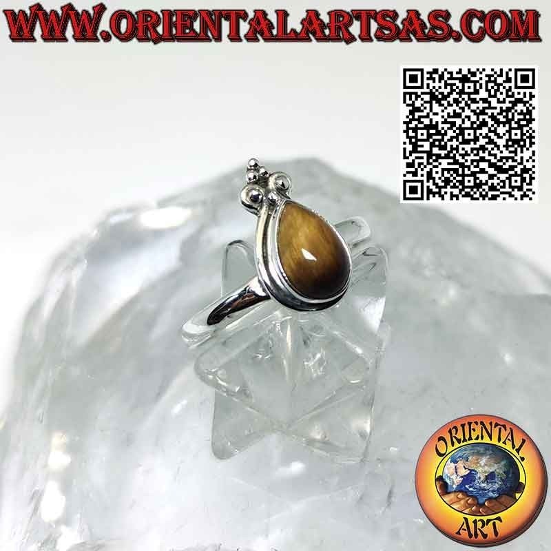 Anillo de plata con ojo de tigre en forma de lágrima con borde liso y corona de lirio