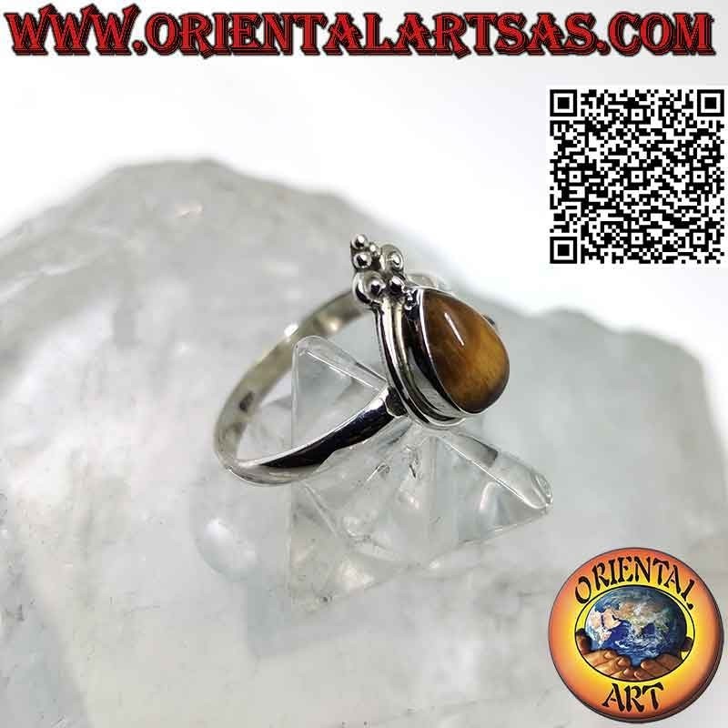 Silver ring with teardrop tiger eye with smooth edge and crown lily