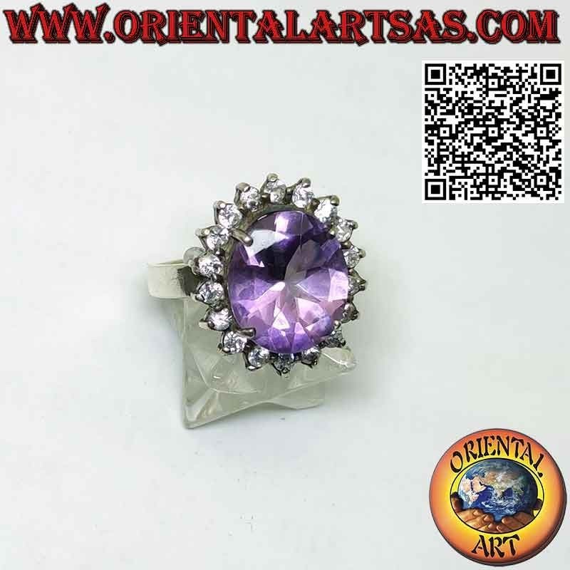 Anillo de plata con preciosa amatista natural con circonitas redondas