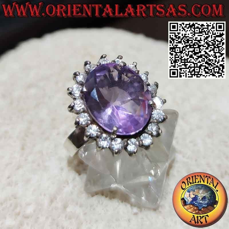 Silver ring with beautiful natural amethyst with round zircons