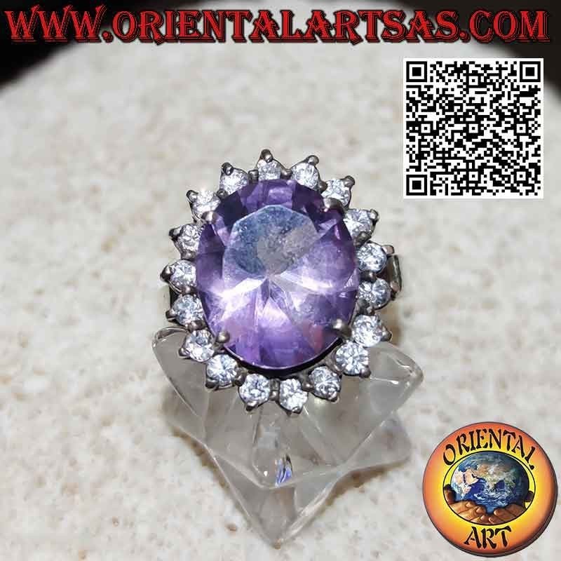 Anillo de plata con preciosa amatista natural con circonitas redondas