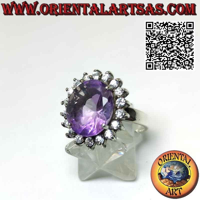 Silver ring with beautiful natural amethyst with round zircons