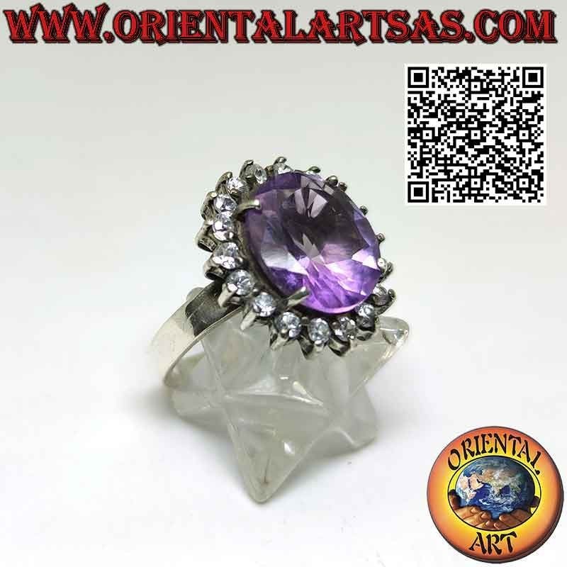 Silver ring with beautiful natural amethyst with round zircons