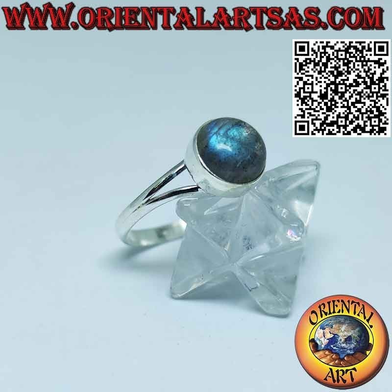 Anillo de plata con labradorita cabujón redondo con borde simple