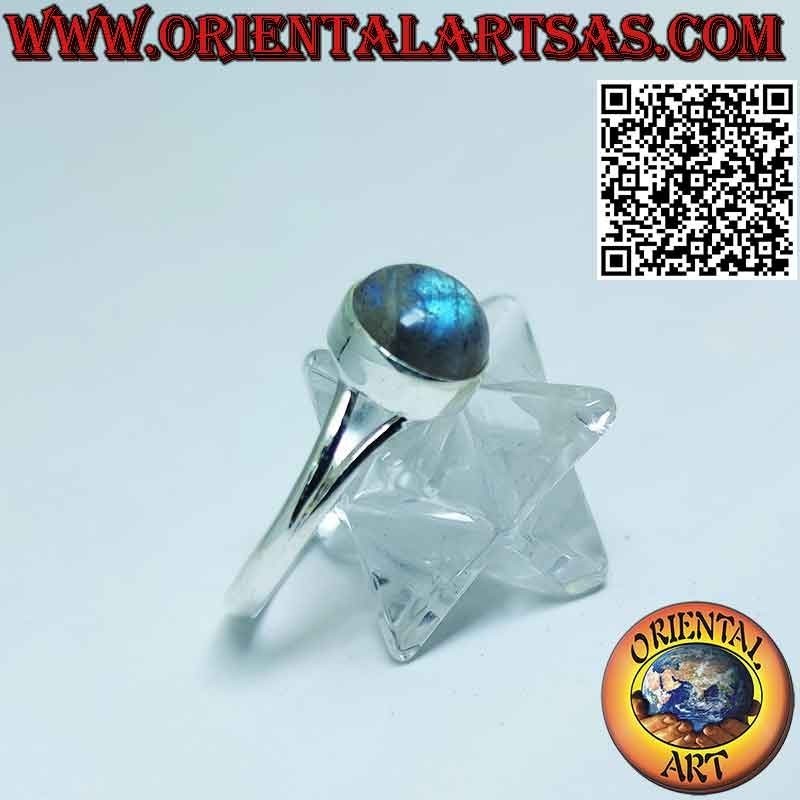 Silver ring with round cabochon labradorite with simple edge