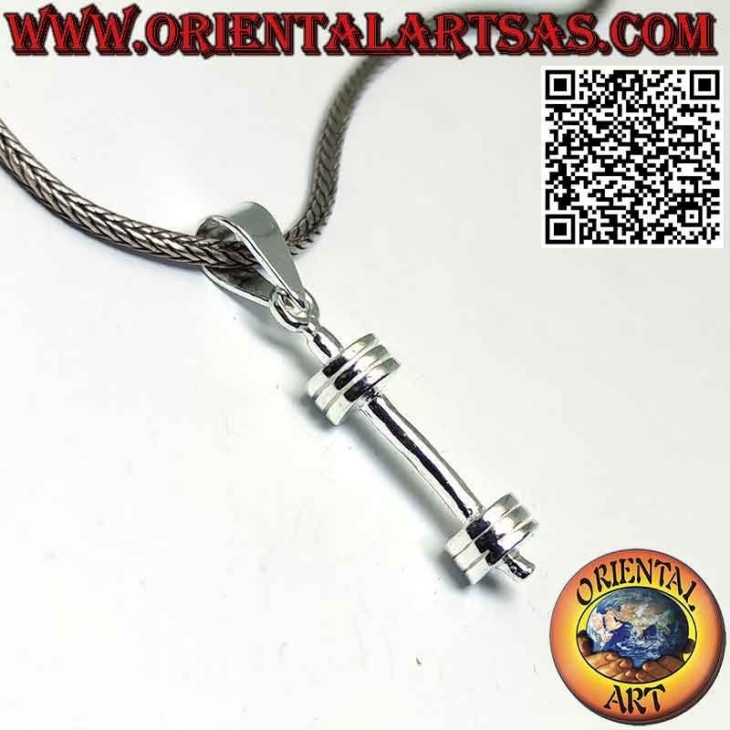 Silver pendant in the shape of a dumbbell (barbell) gym tool