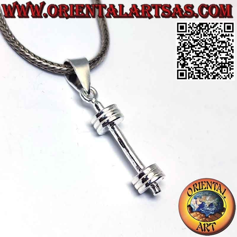 Silver pendant in the shape of a dumbbell (barbell) gym tool