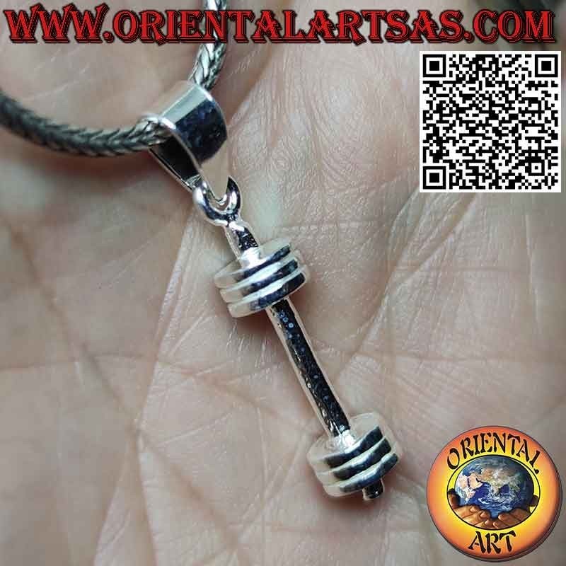 Silver pendant in the shape of a dumbbell (barbell) gym tool