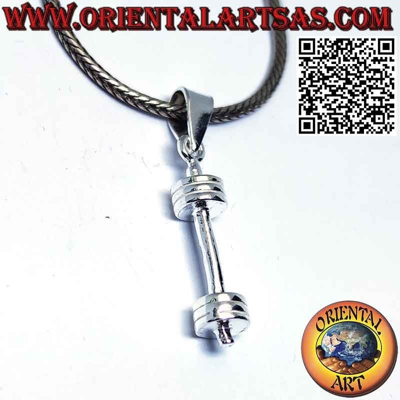 Silver pendant in the shape of a dumbbell (barbell) gym tool