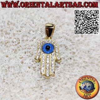 Gold plated silver pendant, hand of fatima with eye and zircons