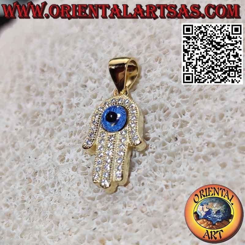 Pendentif en argent plaqué or, main de fatima avec oeil et zircons