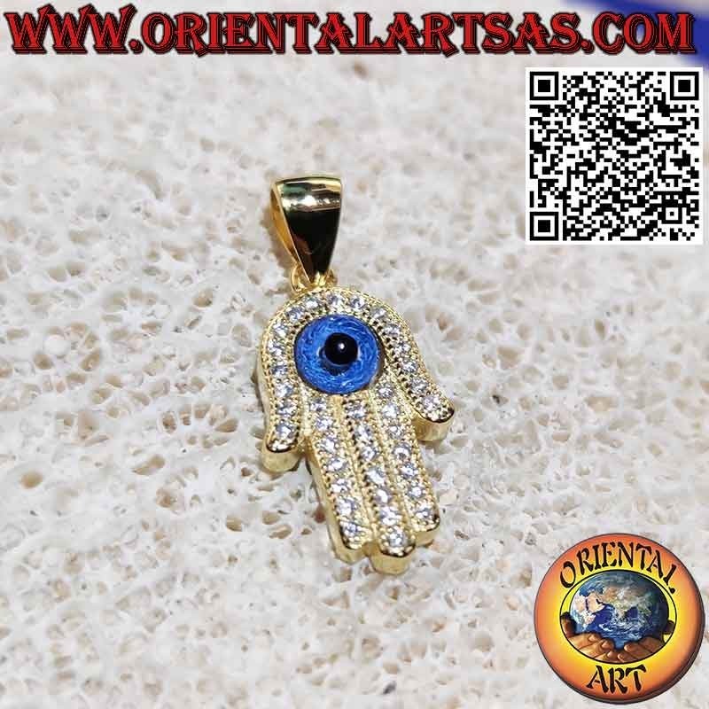 Ciondolo in argento placcato oro, mano di fatima con occhio e zirconi