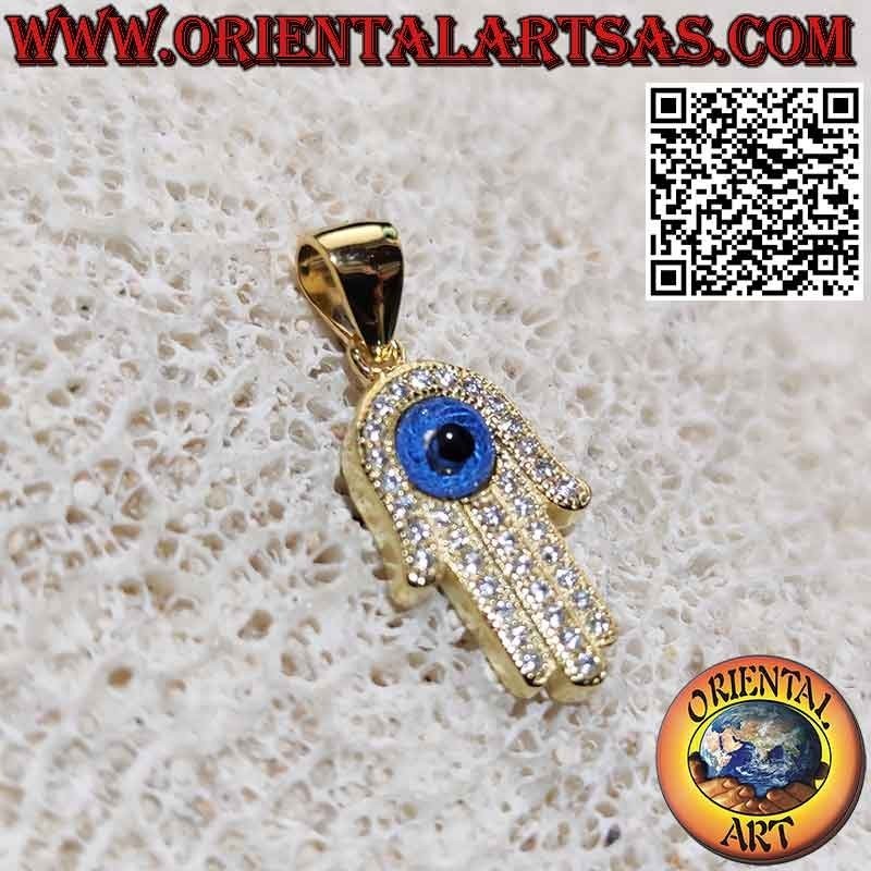 Gold plated silver pendant, hand of fatima with eye and zircons