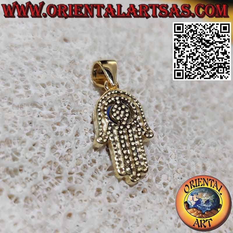 Ciondolo in argento placcato oro, mano di fatima con occhio e zirconi