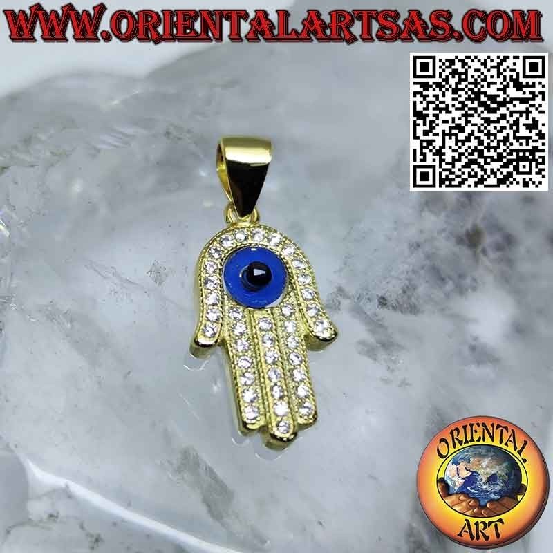 Pendentif en argent plaqué or, main de fatima avec oeil et zircons