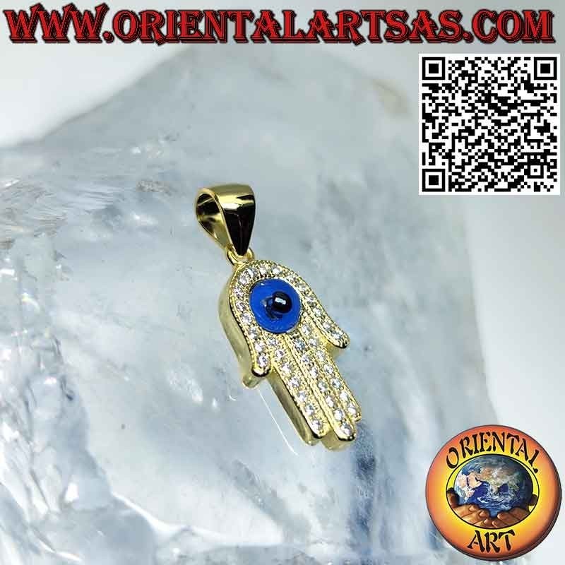 Colgante de plata con baño de oro, mano de fatima con ojo y circonitas