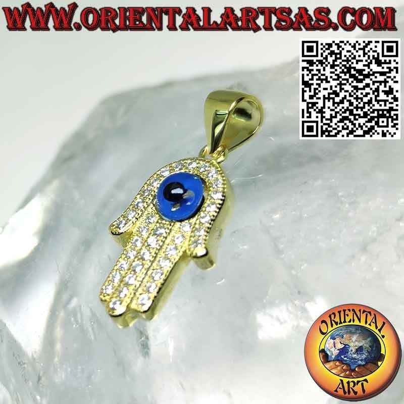 Colgante de plata con baño de oro, mano de fatima con ojo y circonitas