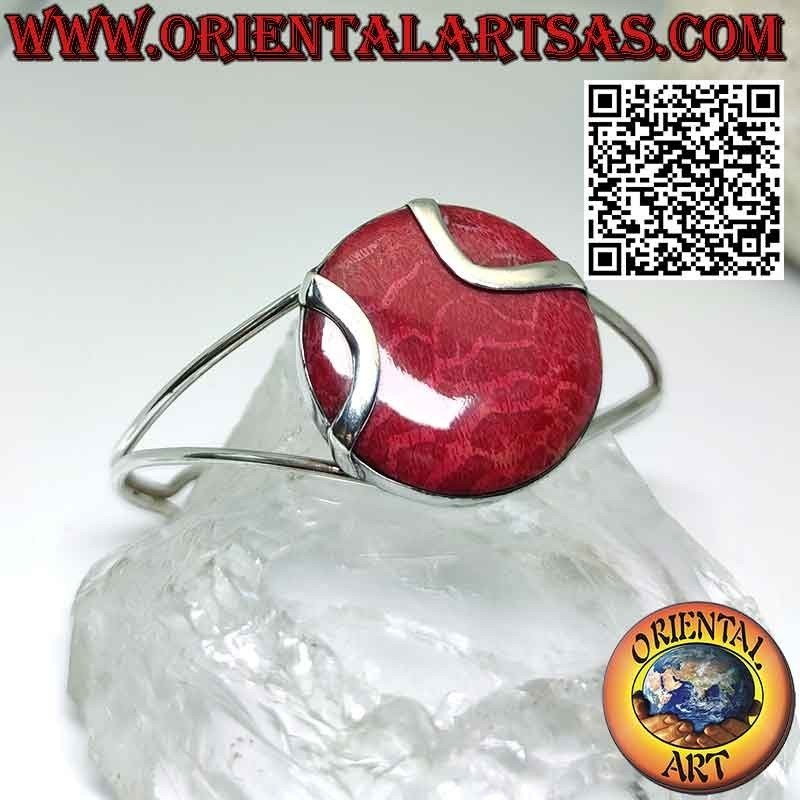 Bracelet rigide en argent avec madrepora rouge rond (corail).