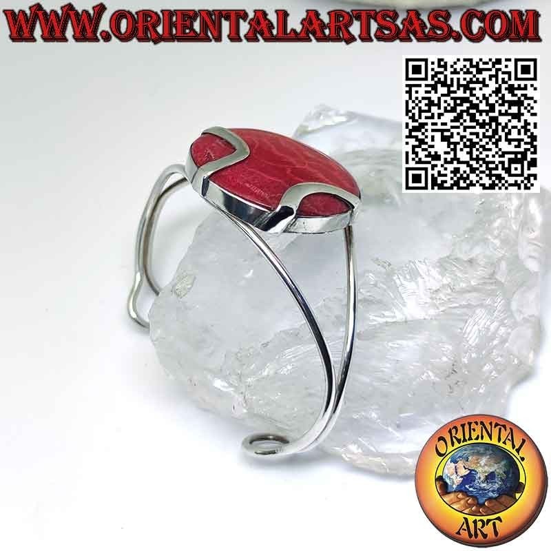 Bracciale in argento rigido con madrepora rossa (corallo) tonda